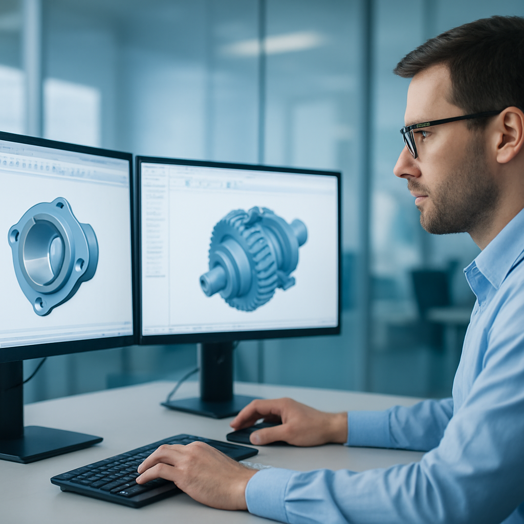 Engineer reviewing 3D CAD models on a dual-monitor workstation